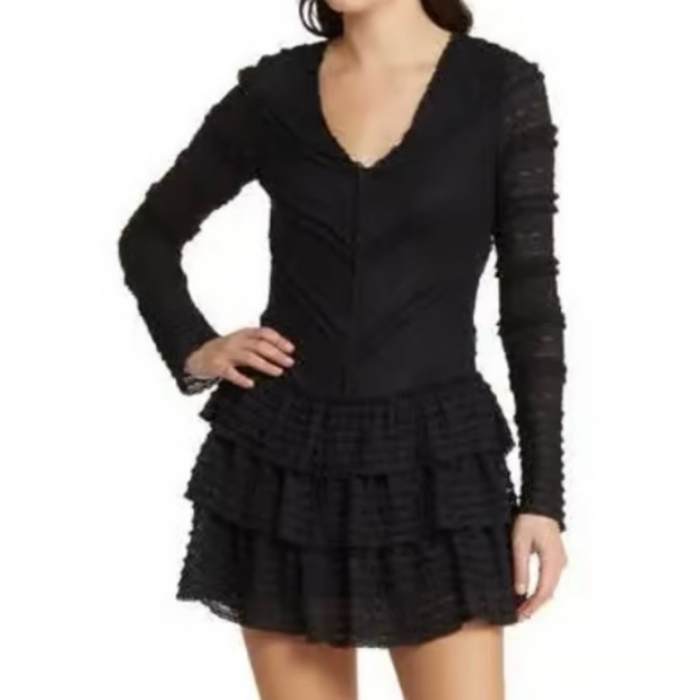 LoveShackFancy Boreno Black Lace Ruffled Mini Dress size S